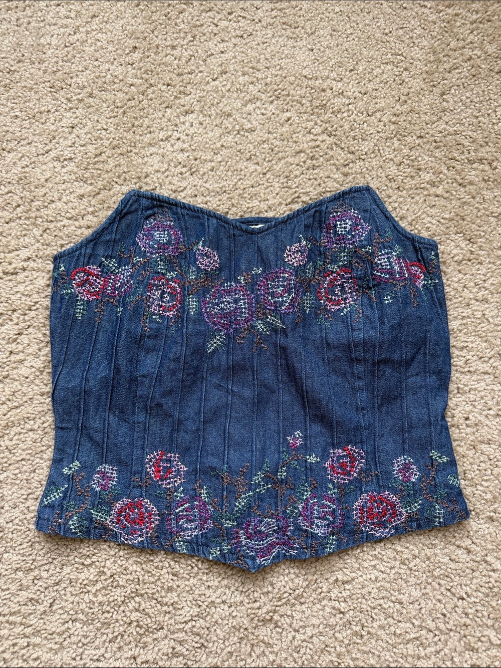 Embroidered Blue Denim Bustier Top - Floral Detail